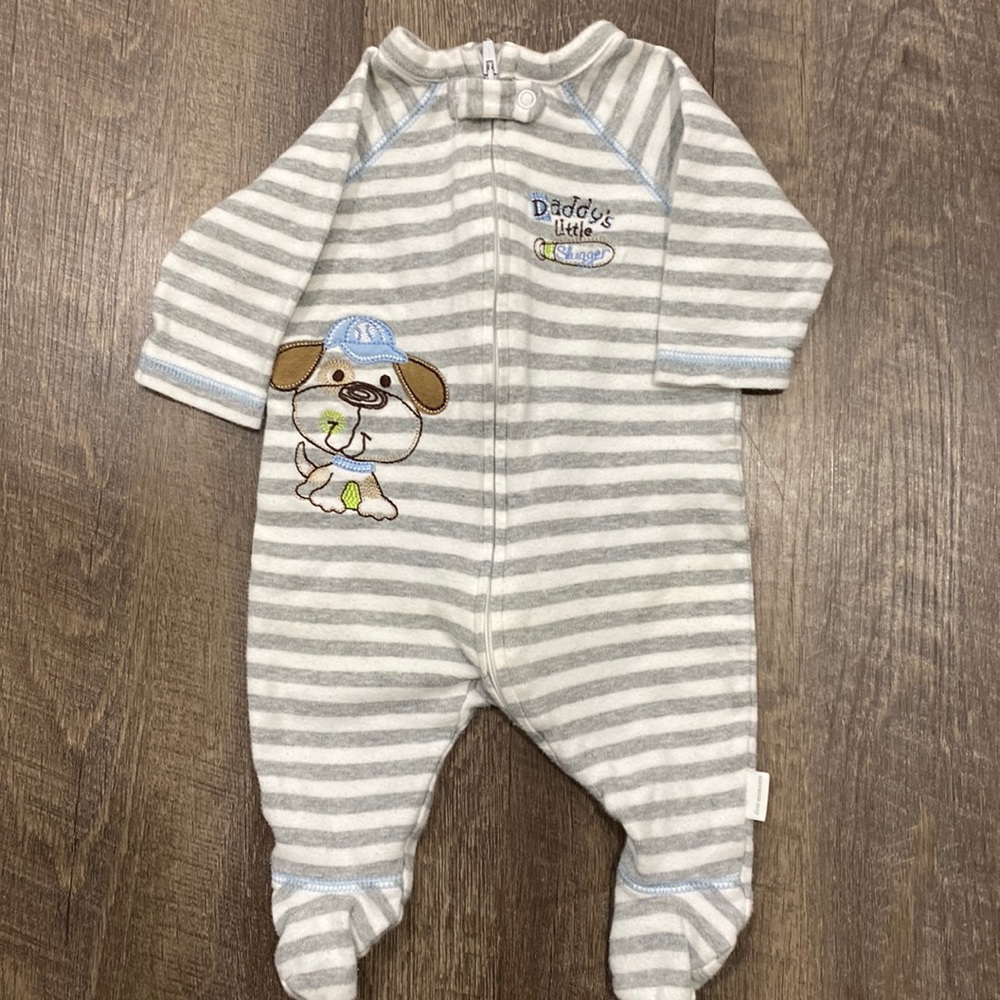 First Moments baseball themed striped zip front footed sleeper size 0-3 months